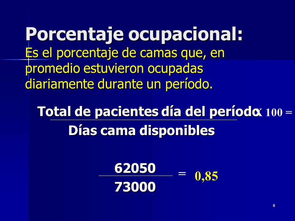 Porcentaje ocupacional: Es el porcentaje de camas que, en promedio estuvieron ocupadas diariamente durante un período.