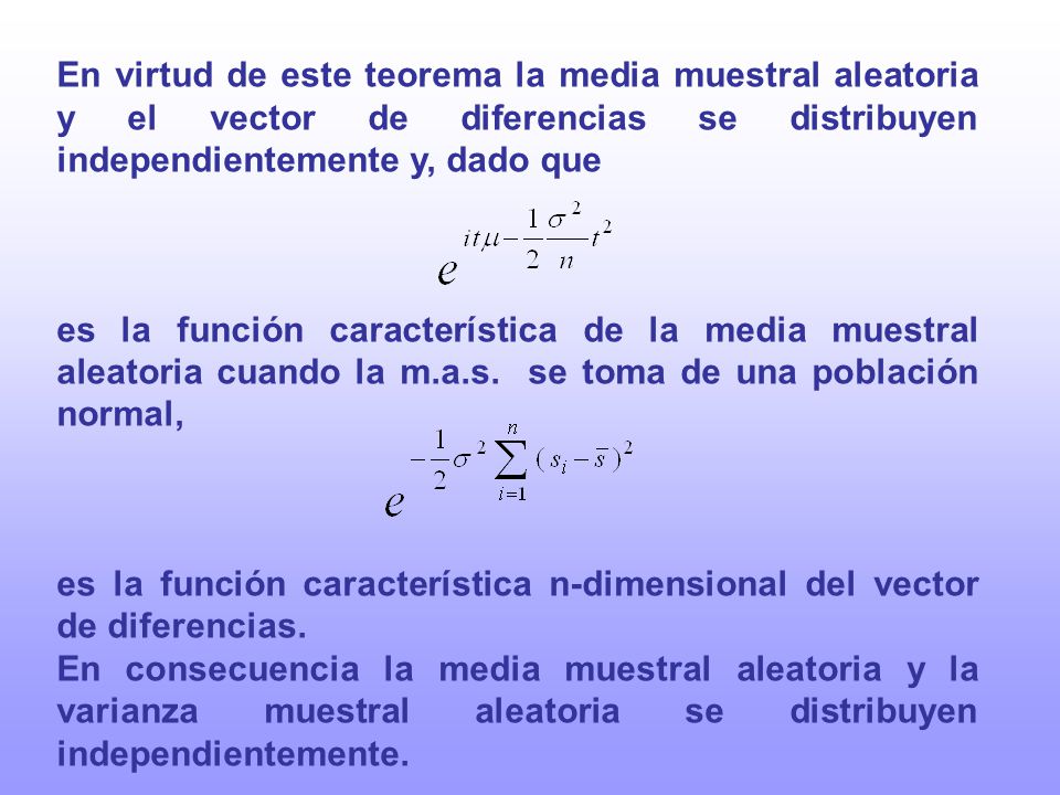 En virtud de este teorema la media muestral aleatoria y el vector de diferencias se distribuyen independientemente y, dado que