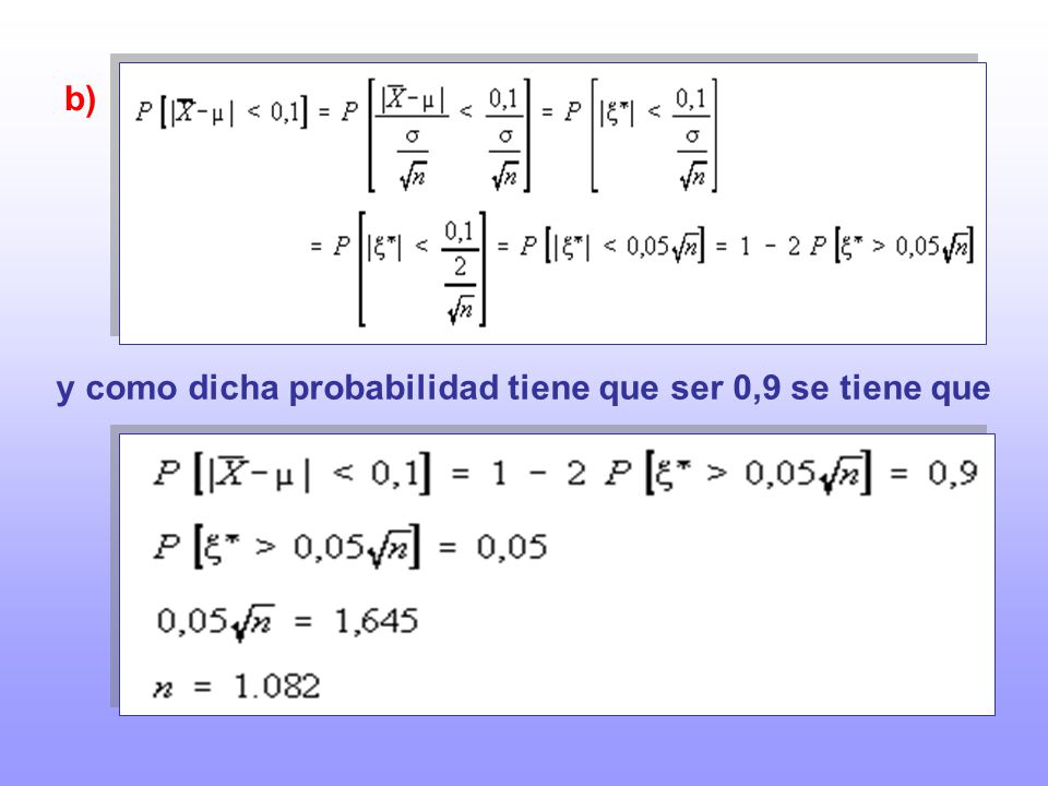 b) y como dicha probabilidad tiene que ser 0,9 se tiene que