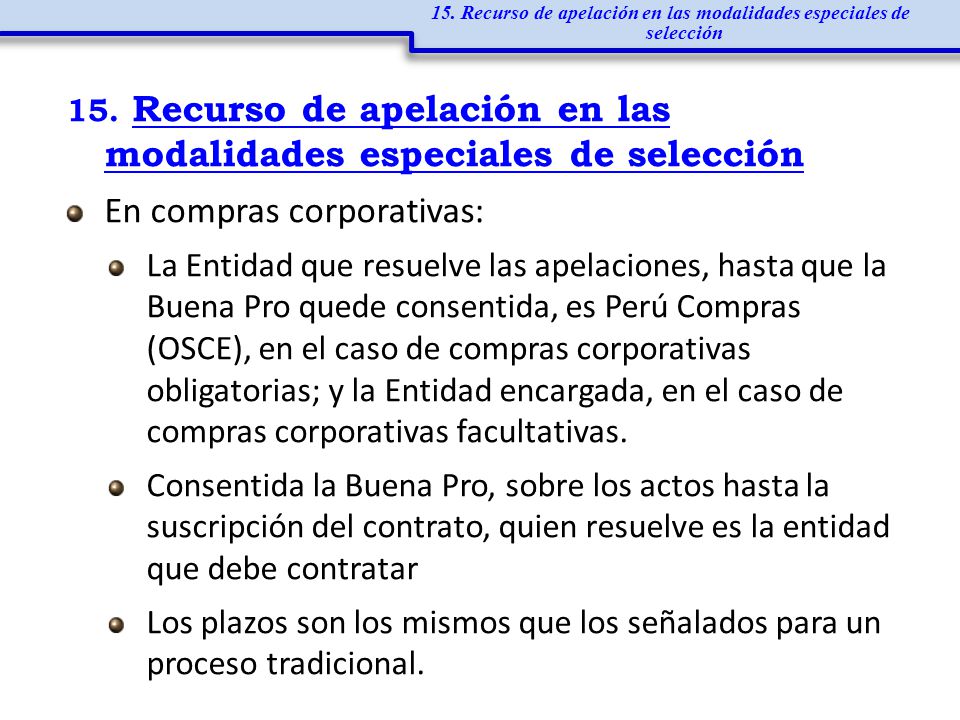 15. Recurso de apelación en las modalidades especiales de selección