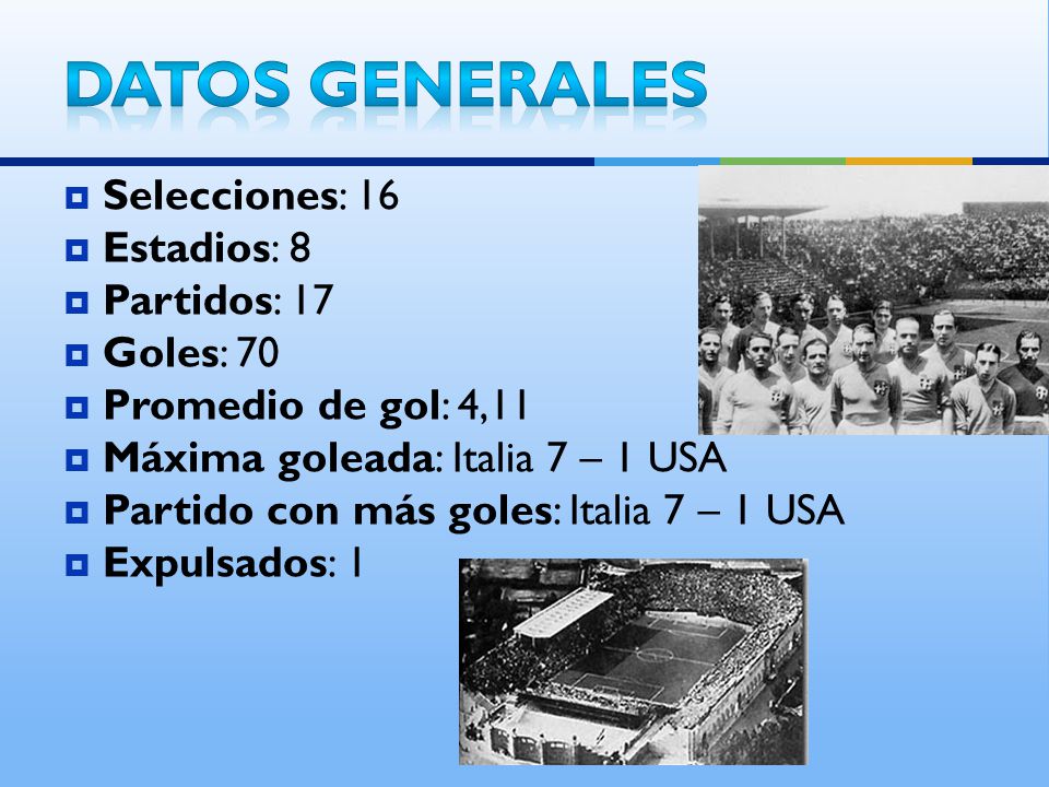 Datos Generales Selecciones: 16 Estadios: 8 Partidos: 17 Goles: 70
