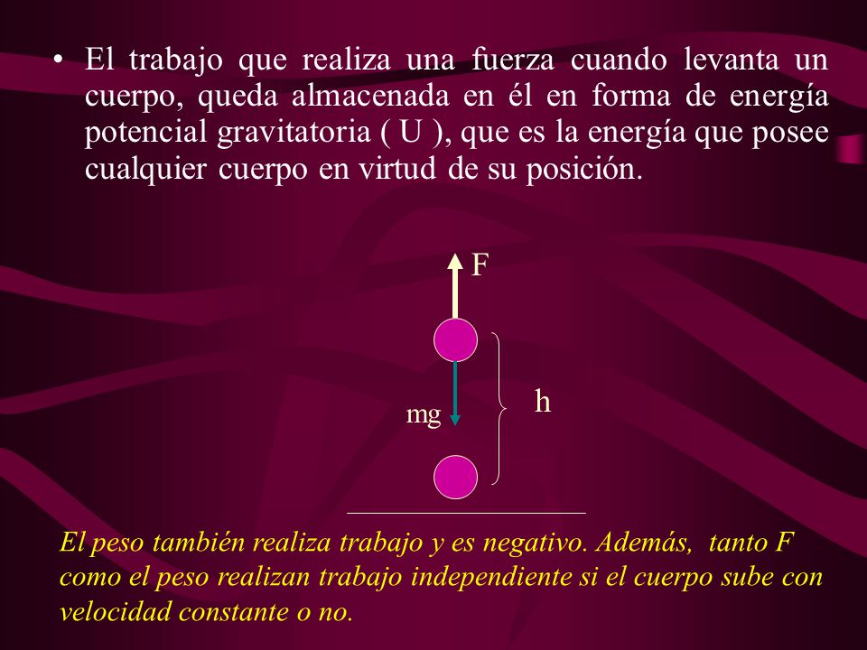 El trabajo que realiza una fuerza cuando levanta un cuerpo, queda almacenada en él en forma de energía potencial gravitatoria ( U ), que es la energía que posee cualquier cuerpo en virtud de su posición.