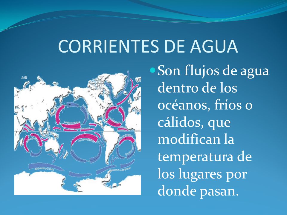 CORRIENTES DE AGUA Son flujos de agua dentro de los océanos, fríos o cálidos, que modifican la temperatura de los lugares por donde pasan.