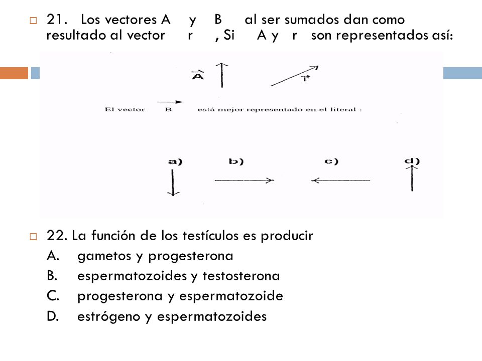 21. Los vectores A y B al ser sumados dan como resultado al vector r , Si A y r son representados así: