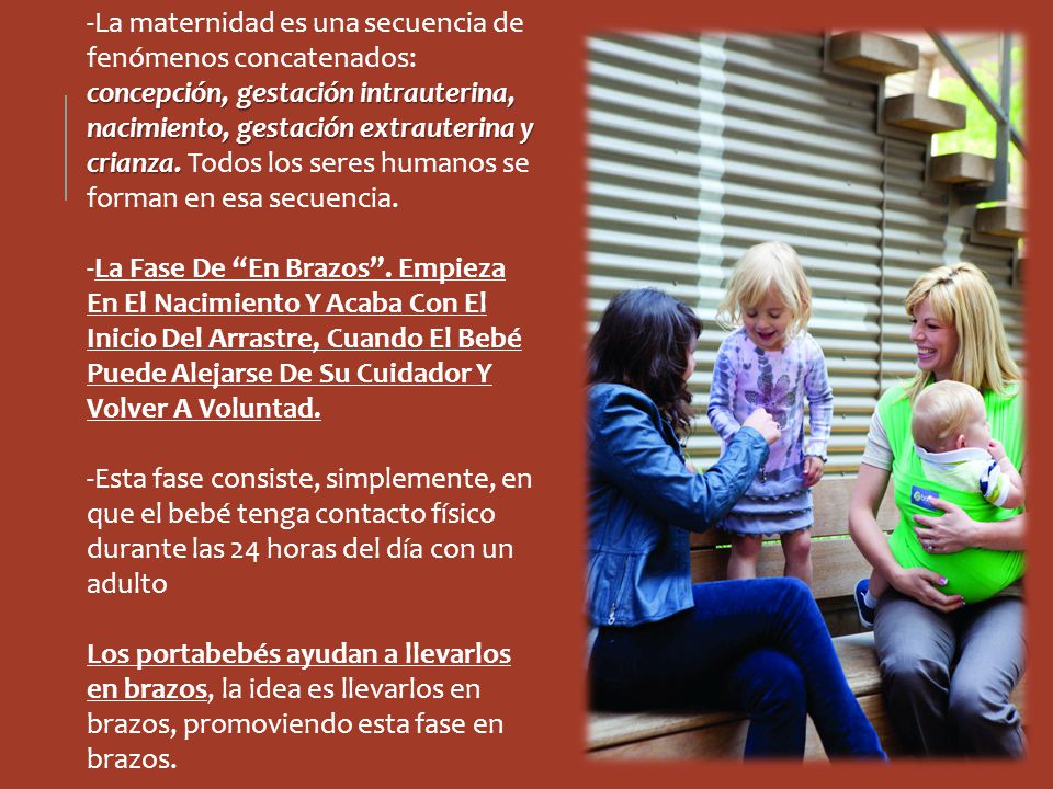 -La maternidad es una secuencia de fenómenos concatenados: concepción, gestación intrauterina, nacimiento, gestación extrauterina y crianza. Todos los seres humanos se forman en esa secuencia.