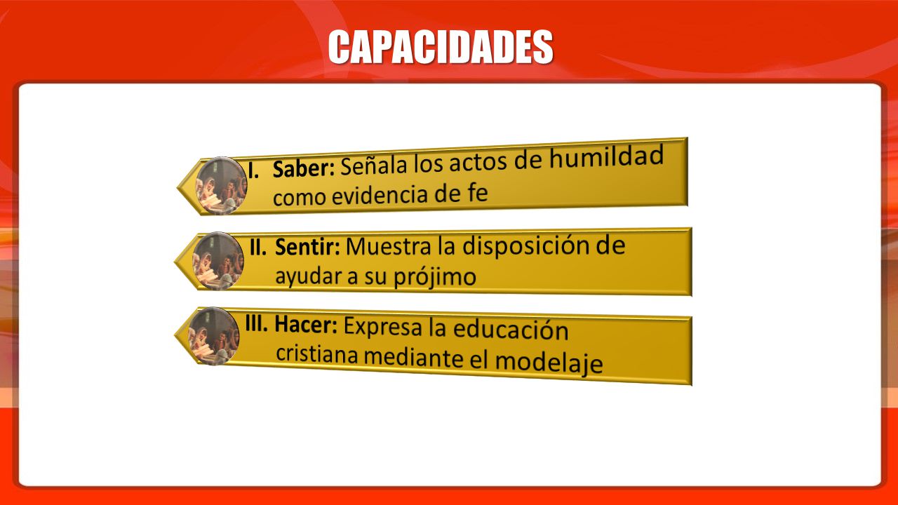 CAPACIDADES I. Saber: Señala los actos de humildad como evidencia de fe. II. Sentir: Muestra la disposición de ayudar a su prójimo.
