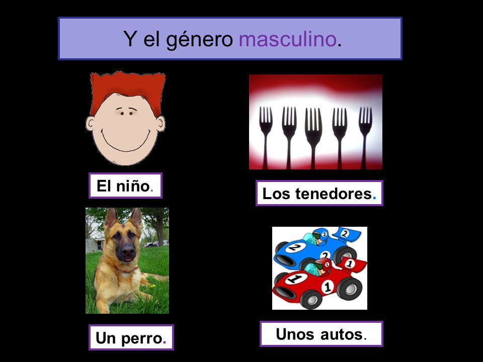 Y el género masculino. El niño. Los tenedores. Unos autos. Un perro.
