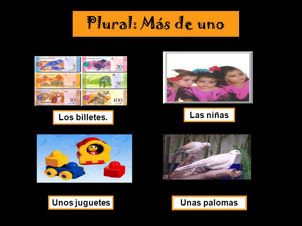 Plural: Más de uno Las niñas Los billetes. Unos juguetes Unas palomas