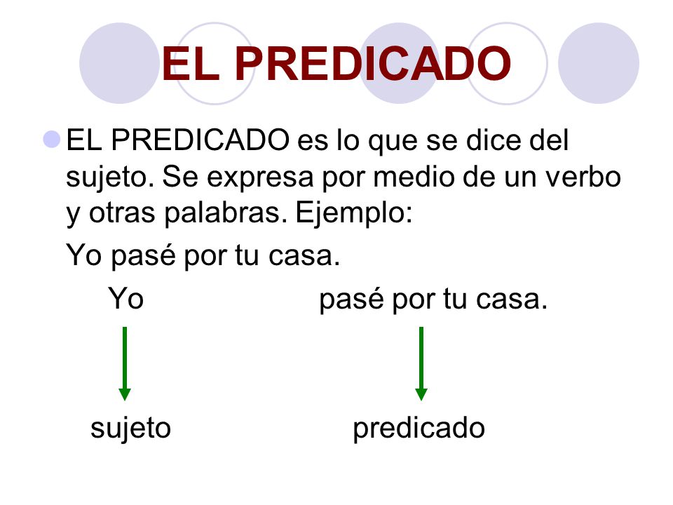 EL PREDICADO EL PREDICADO es lo que se dice del sujeto. Se expresa por medio de un verbo y otras palabras. Ejemplo:
