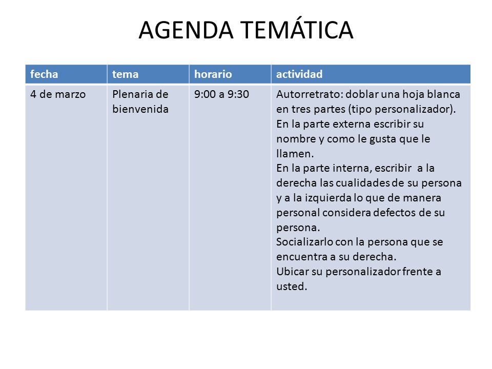 AGENDA TEMÁTICA fecha tema horario actividad 4 de marzo
