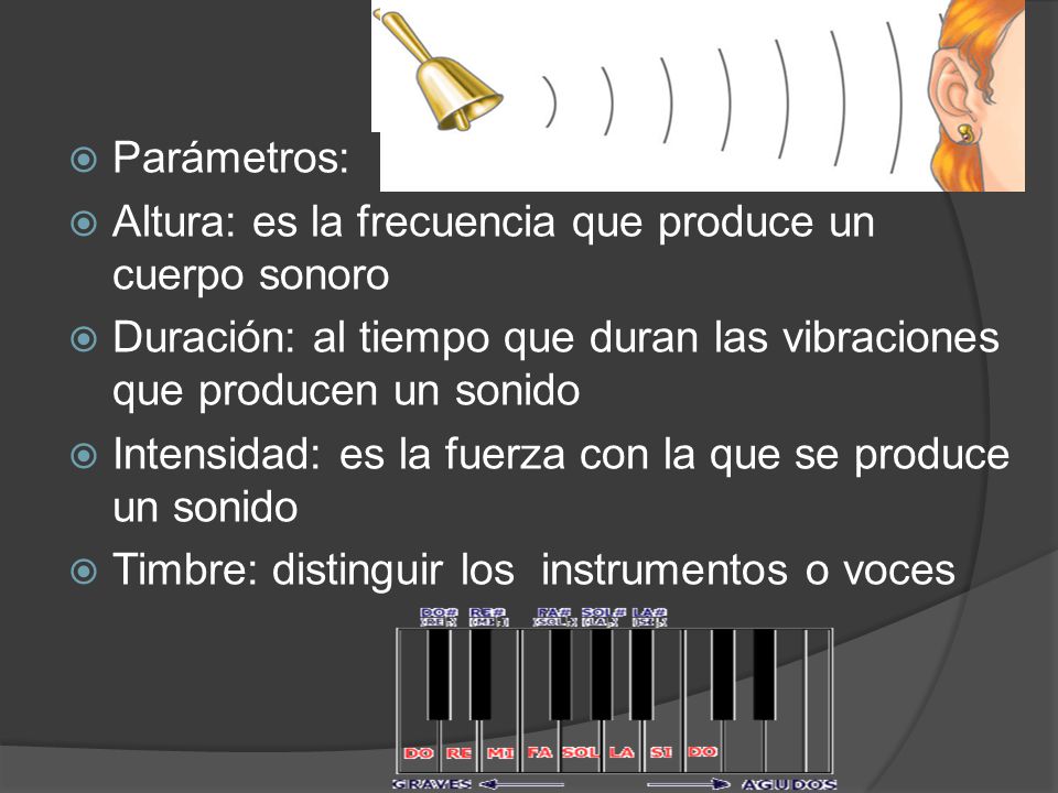 Parámetros: Altura: es la frecuencia que produce un cuerpo sonoro. Duración: al tiempo que duran las vibraciones que producen un sonido.