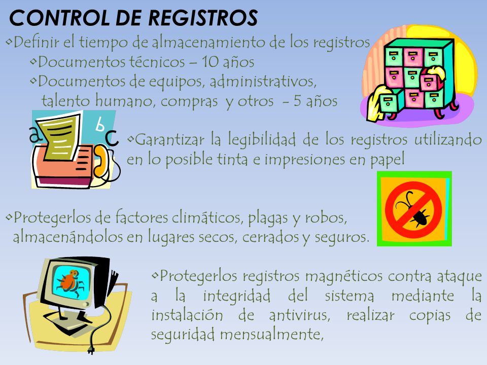 CONTROL DE REGISTROS Definir el tiempo de almacenamiento de los registros. Documentos técnicos – 10 años.