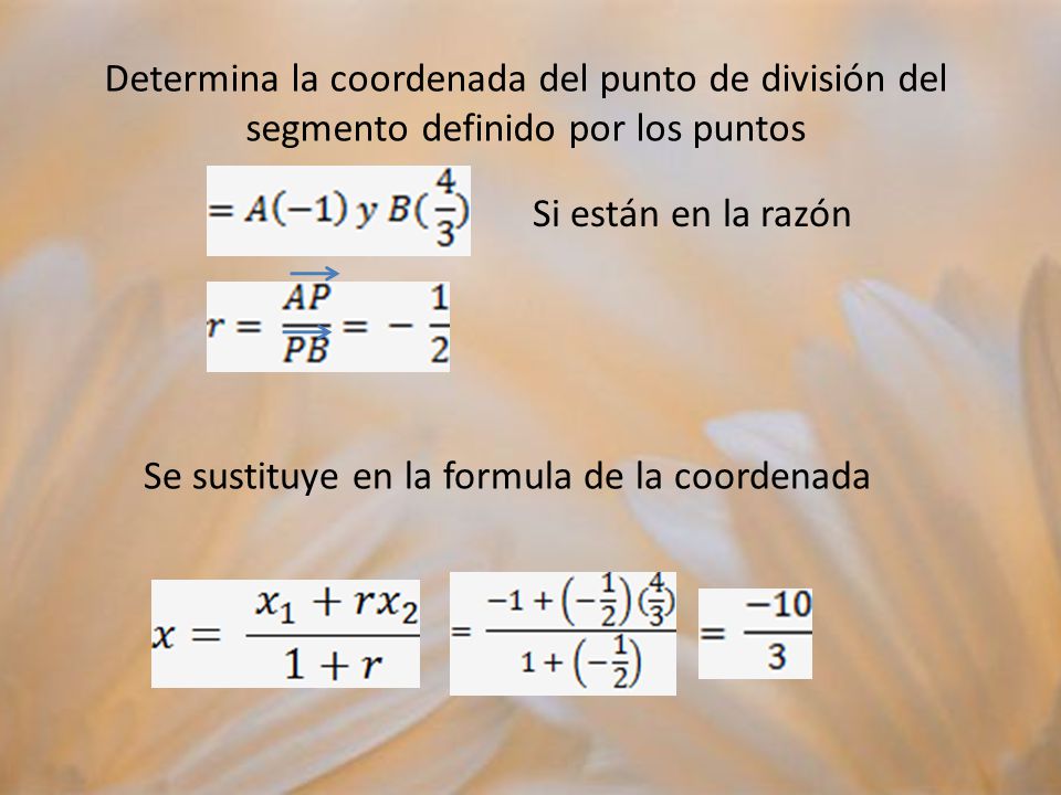 Determina la coordenada del punto de división del segmento definido por los puntos
