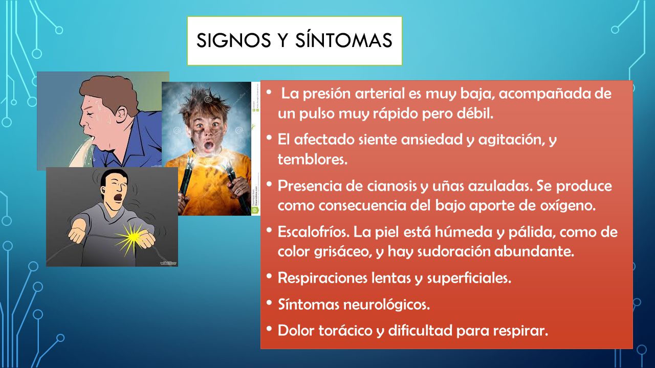 Signos y Síntomas La presión arterial es muy baja, acompañada de un pulso muy rápido pero débil.