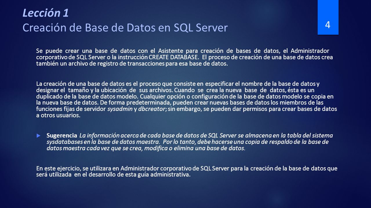 Lección 1 Creación de Base de Datos en SQL Server
