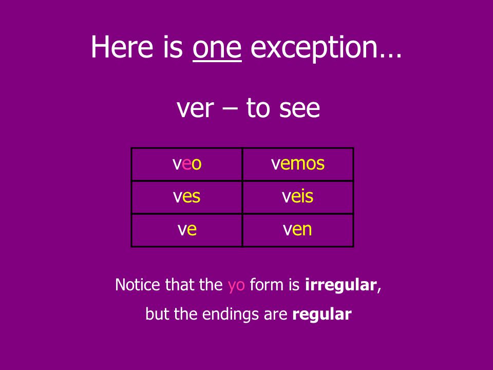 Here is one exception… ver – to see veo vemos ves veis ve ven