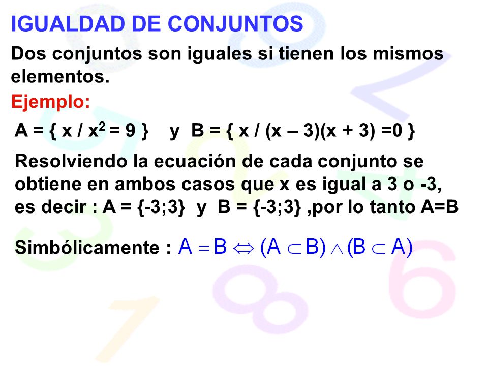 IGUALDAD DE CONJUNTOS Dos conjuntos son iguales si tienen los mismos elementos. Ejemplo: A = { x / x2 = 9 } y B = { x / (x – 3)(x + 3) =0 }