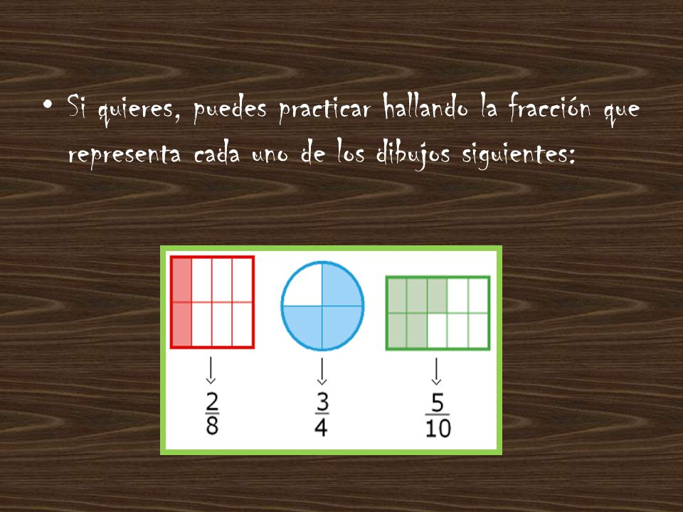 Si quieres, puedes practicar hallando la fracción que representa cada uno de los dibujos siguientes: