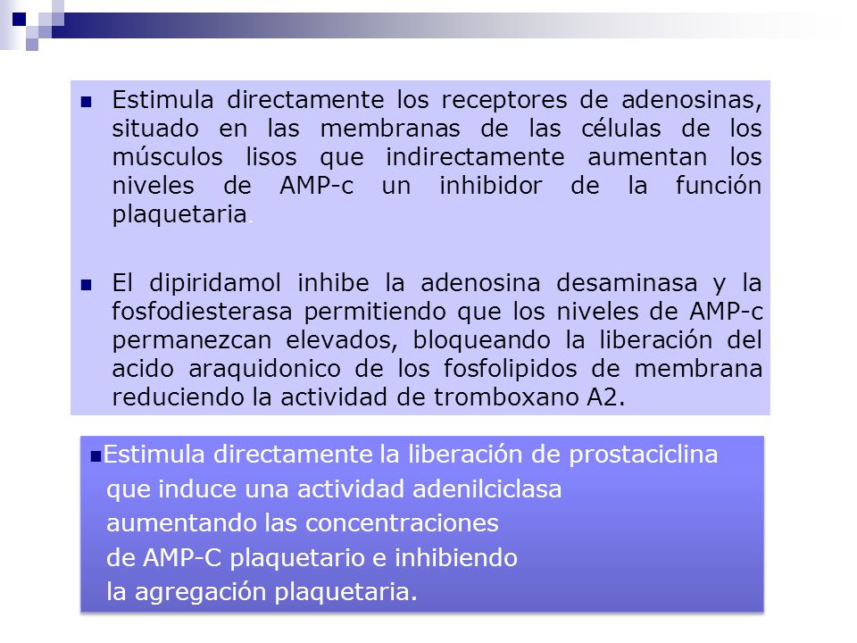 Estimula directamente los receptores de adenosinas, situado en las membranas de las células de los músculos lisos que indirectamente aumentan los niveles de AMP-c un inhibidor de la función plaquetaria.