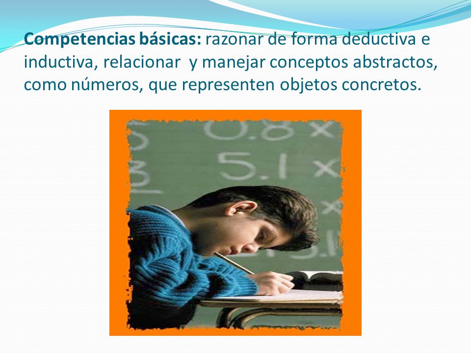 Competencias básicas: razonar de forma deductiva e inductiva, relacionar y manejar conceptos abstractos, como números, que representen objetos concretos.