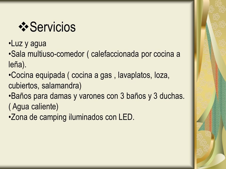 Servicios Luz y agua Sala multiuso-comedor ( calefaccionada por cocina a leña).