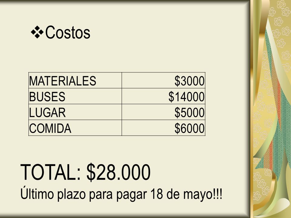 TOTAL: $ Costos Último plazo para pagar 18 de mayo!!! MATERIALES