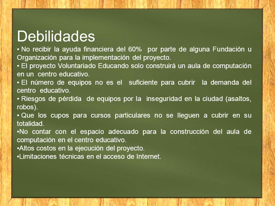 Debilidades No recibir la ayuda financiera del 60% por parte de alguna Fundación u Organización para la implementación del proyecto.