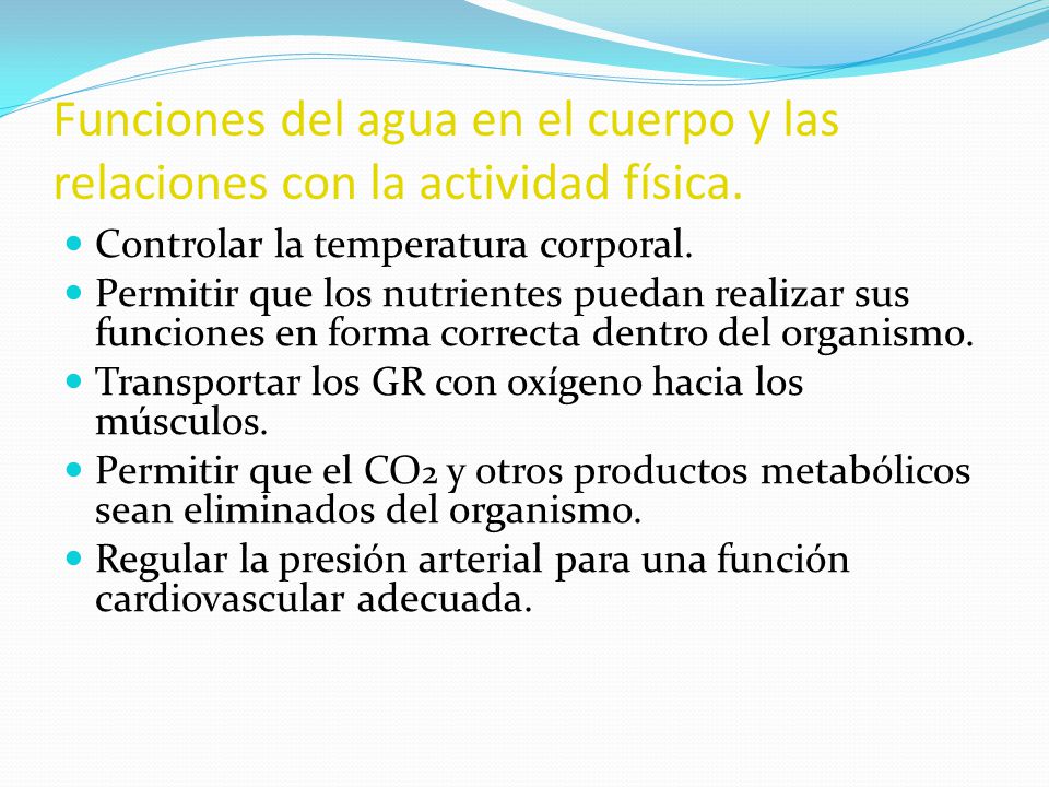 Funciones del agua en el cuerpo y las relaciones con la actividad física.