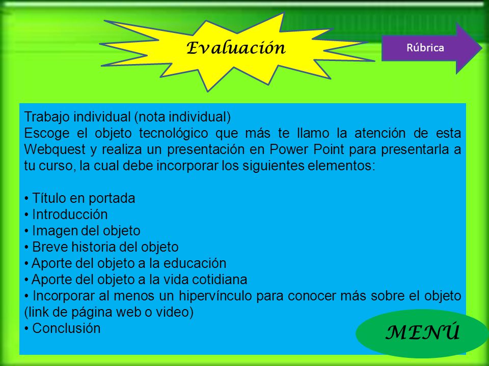 MENÚ Evaluación Trabajo individual (nota individual)