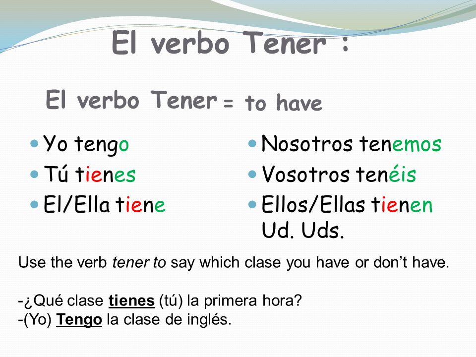 El verbo Tener : El verbo Tener = to have Yo tengo Tú tienes