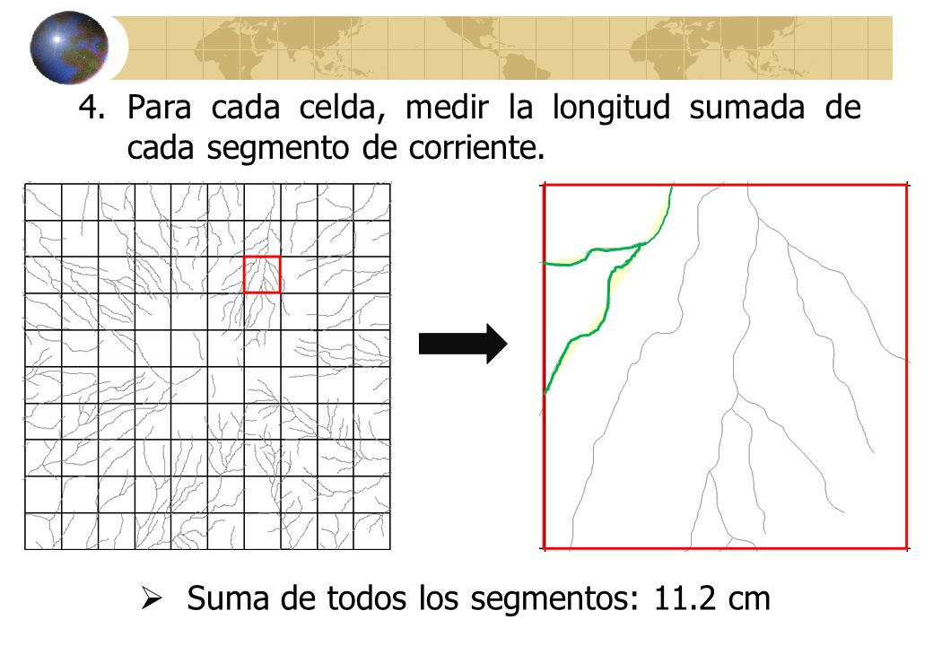 Para cada celda, medir la longitud sumada de cada segmento de corriente.