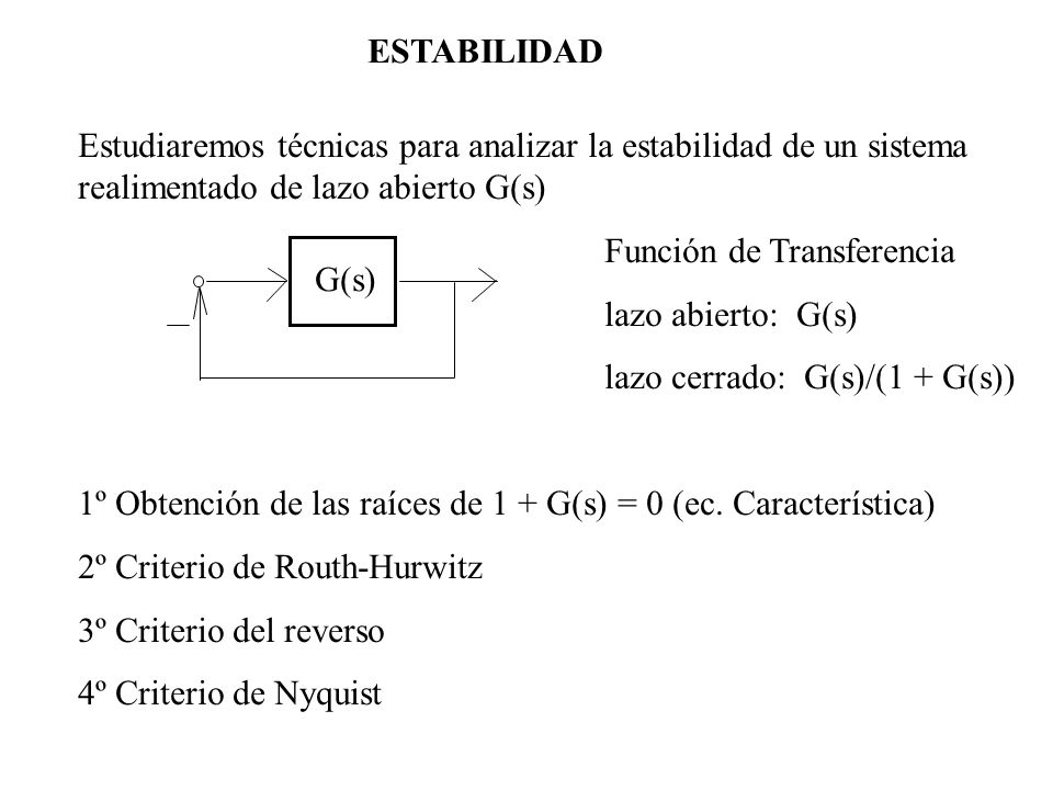 ESTABILIDAD Estudiaremos técnicas para analizar la estabilidad de un sistema realimentado de lazo abierto G(s)