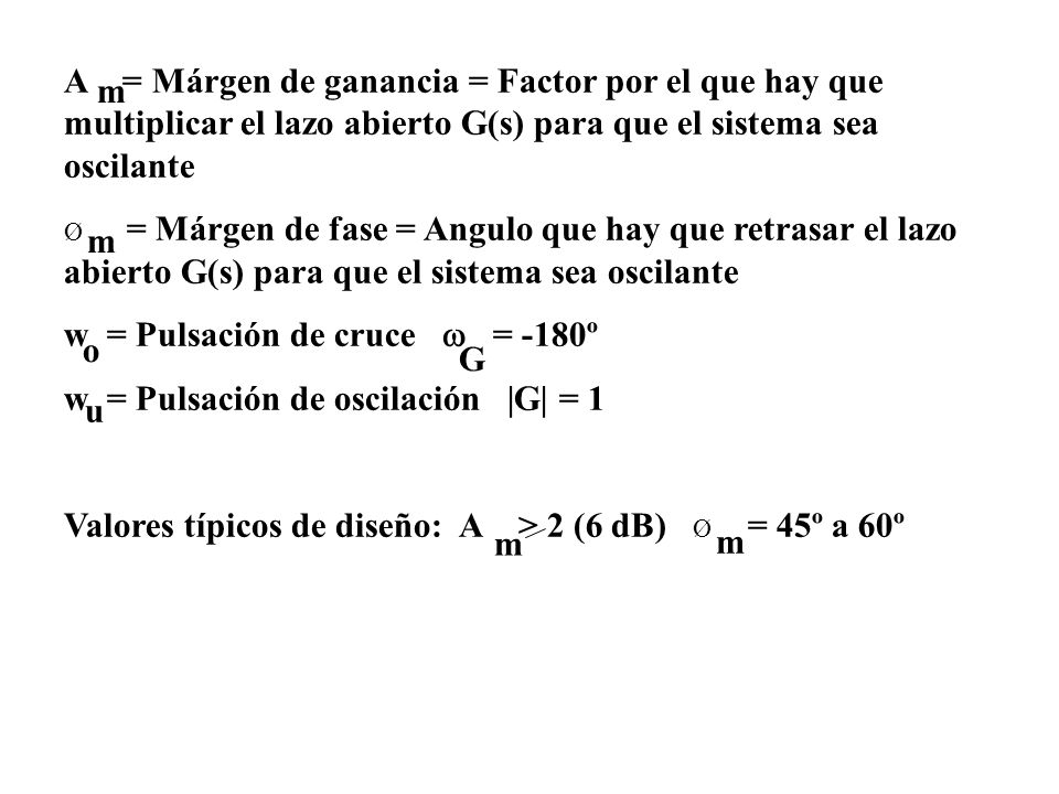 w = Pulsación de cruce w = -180º w = Pulsación de oscilación |G| = 1