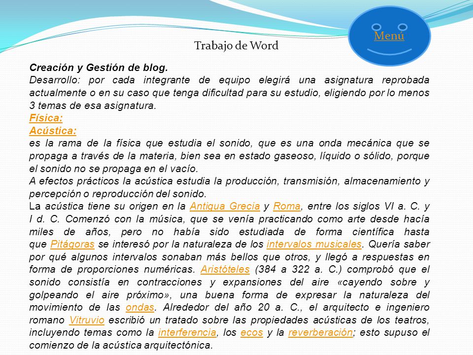 Menú Trabajo de Word Creación y Gestión de blog.