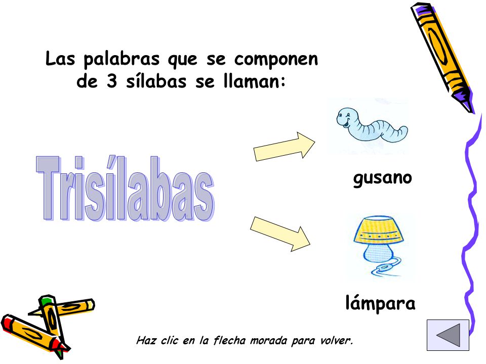 Trisílabas Las palabras que se componen de 3 sílabas se llaman: gusano