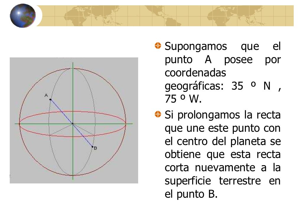 Supongamos que el punto A posee por coordenadas geográficas: 35 º N , 75 º W.