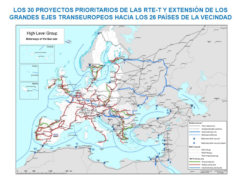 LOS 30 PROYECTOS PRIORITARIOS DE LAS RTE-T Y EXTENSIÓN DE LOS GRANDES EJES TRANSEUROPEOS HACIA LOS 26 PAÍSES DE LA VECINDAD