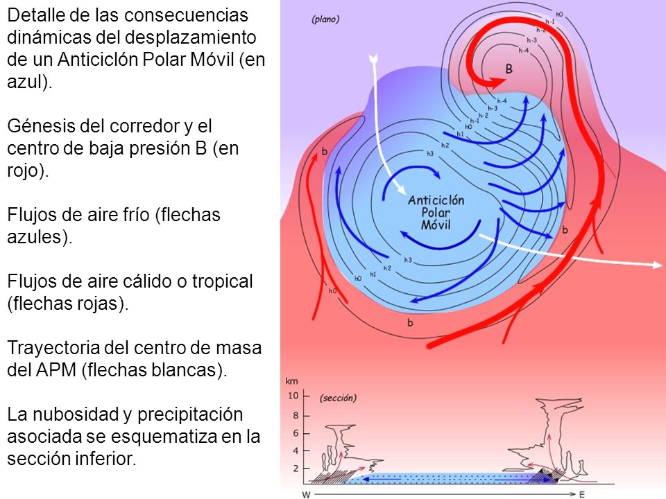 Detalle de las consecuencias dinámicas del desplazamiento de un Anticiclón Polar Móvil (en azul).