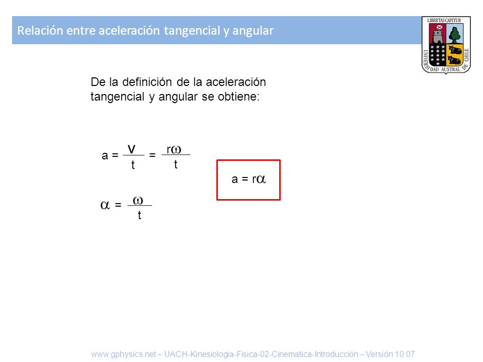 v   = Relación entre aceleración tangencial y angular