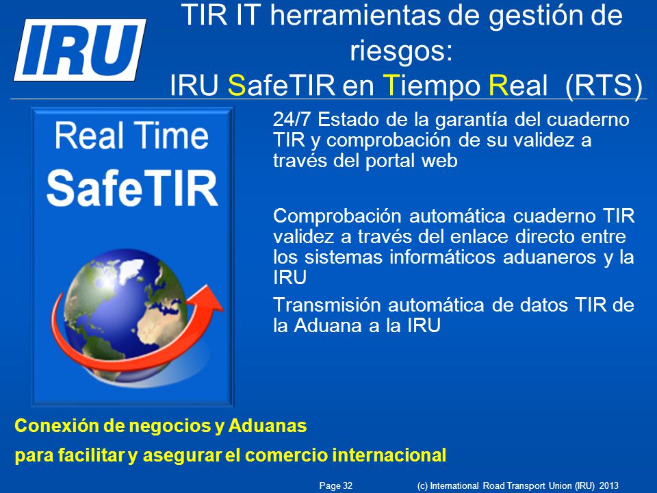 TIR IT herramientas de gestión de riesgos: IRU SafeTIR en Tiempo Real (RTS)