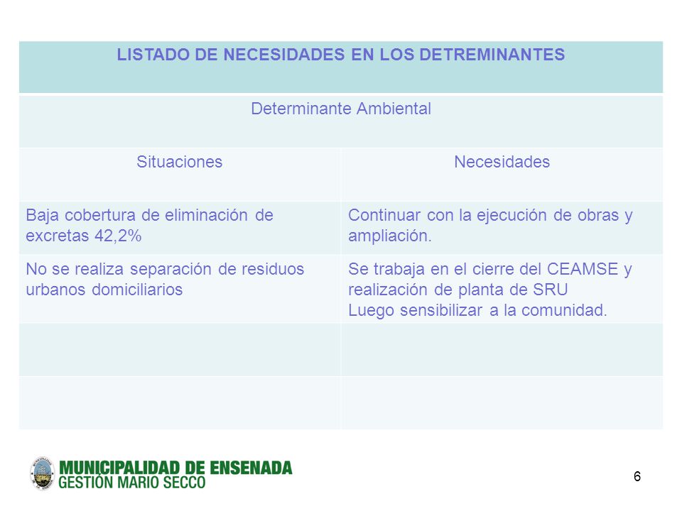 LISTADO DE NECESIDADES EN LOS DETREMINANTES