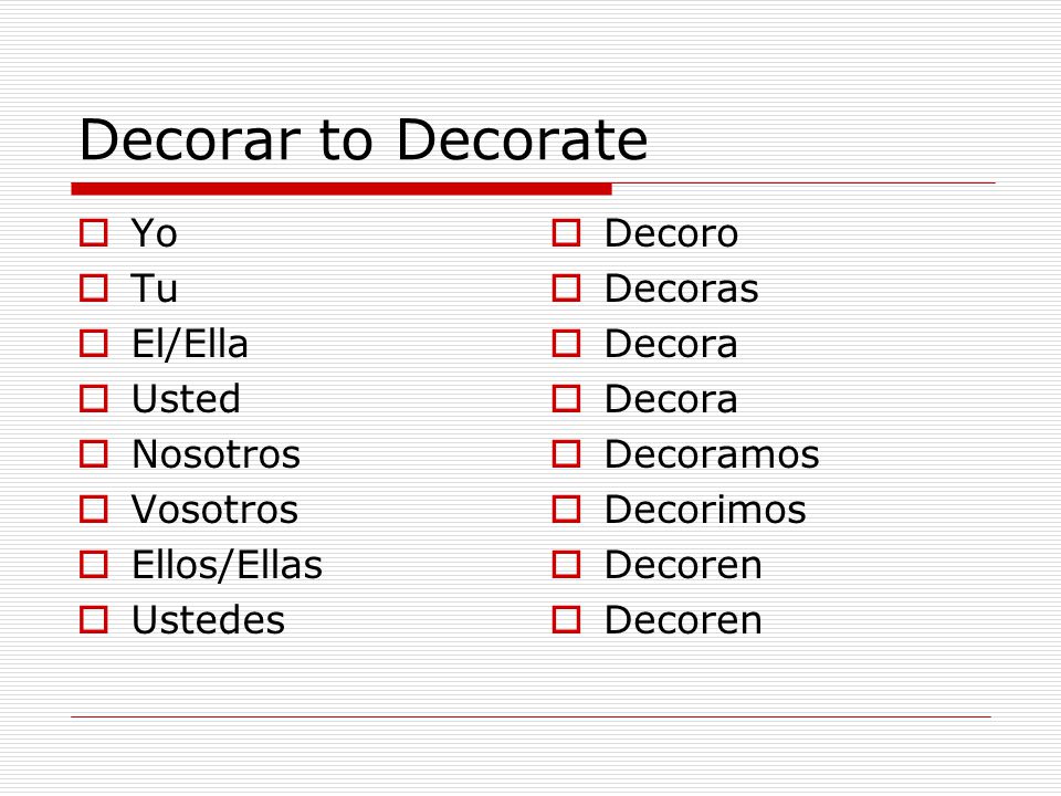 Decorar to Decorate Yo Tu El/Ella Usted Nosotros Vosotros Ellos/Ellas