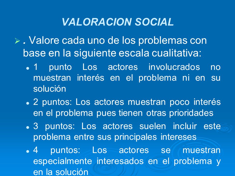 VALORACION SOCIAL . Valore cada uno de los problemas con base en la siguiente escala cualitativa: