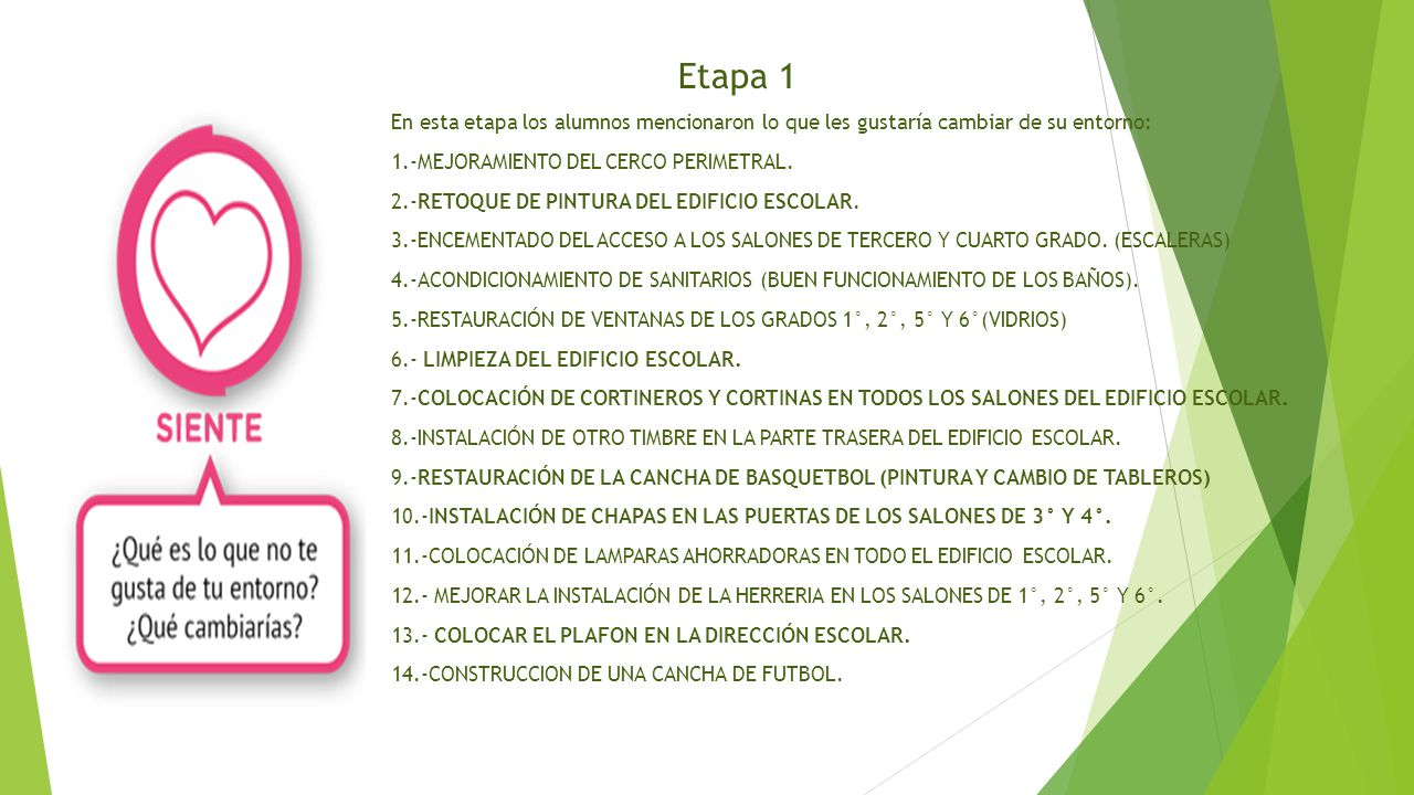 Etapa 1 En esta etapa los alumnos mencionaron lo que les gustaría cambiar de su entorno: 1.-MEJORAMIENTO DEL CERCO PERIMETRAL.