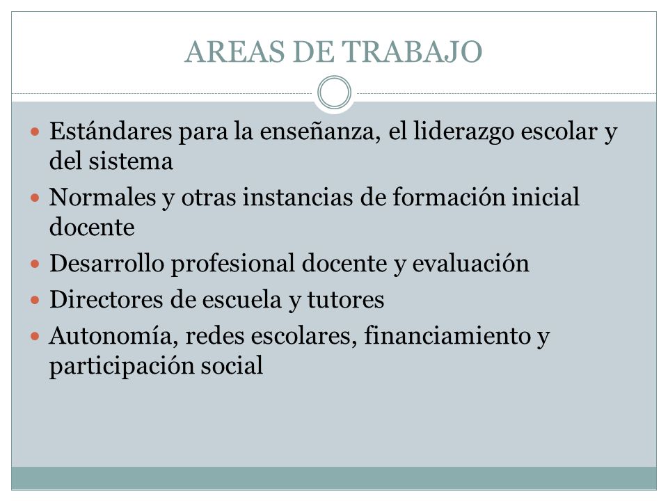 AREAS DE TRABAJO Estándares para la enseñanza, el liderazgo escolar y del sistema. Normales y otras instancias de formación inicial docente.