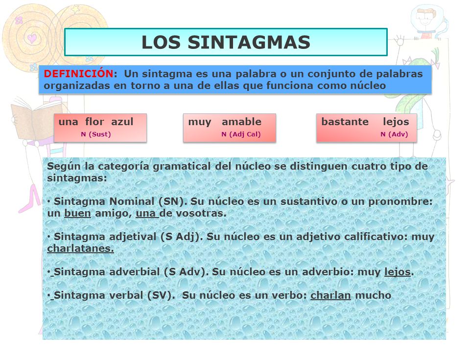 LOS SINTAGMAS DEFINICIÓN: Un sintagma es una palabra o un conjunto de palabras organizadas en torno a una de ellas que funciona como núcleo.