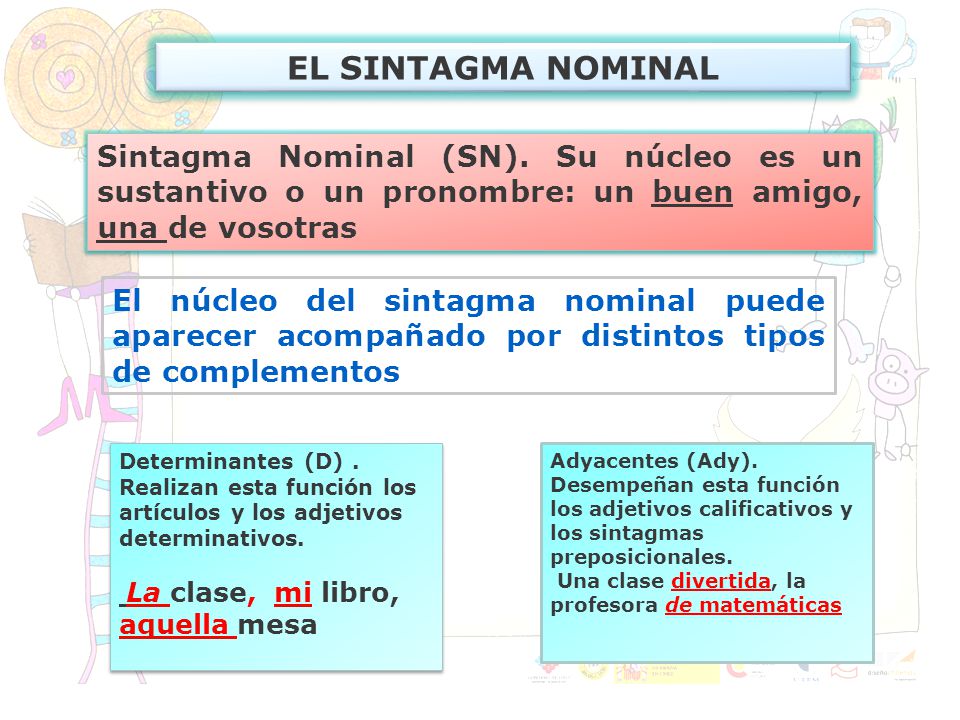 EL SINTAGMA NOMINAL Sintagma Nominal (SN). Su núcleo es un sustantivo o un pronombre: un buen amigo, una de vosotras.