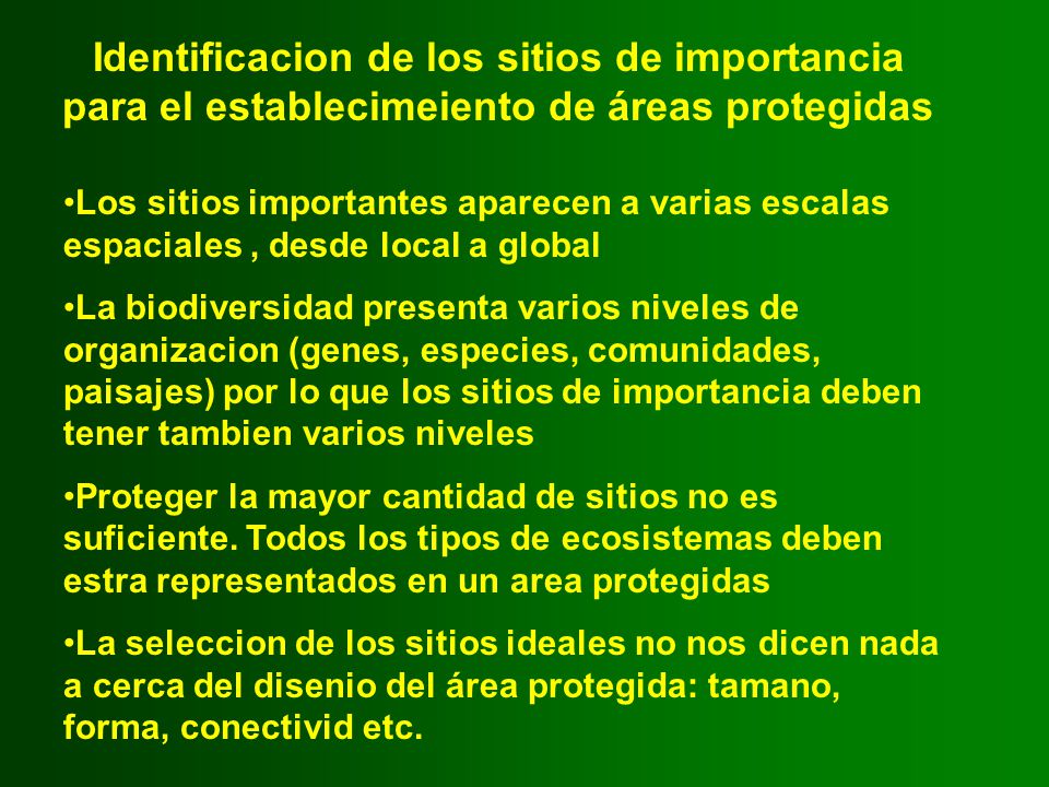 Identificacion de los sitios de importancia para el establecimeiento de áreas protegidas