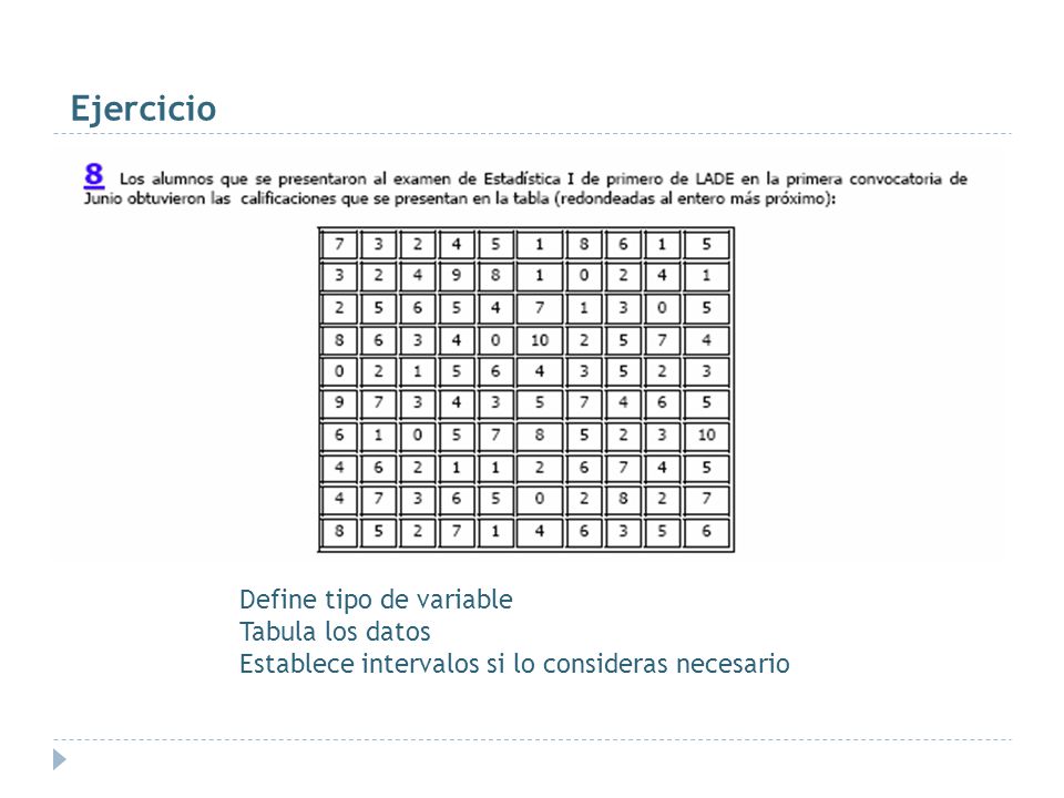 Ejercicio Define tipo de variable Tabula los datos Establece intervalos si lo consideras necesario