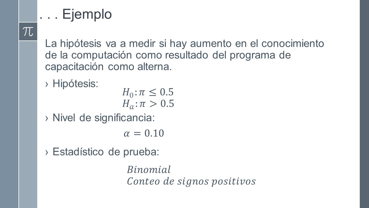 . . . Ejemplo La hipótesis va a medir si hay aumento en el conocimiento de la computación como resultado del programa de capacitación como alterna.